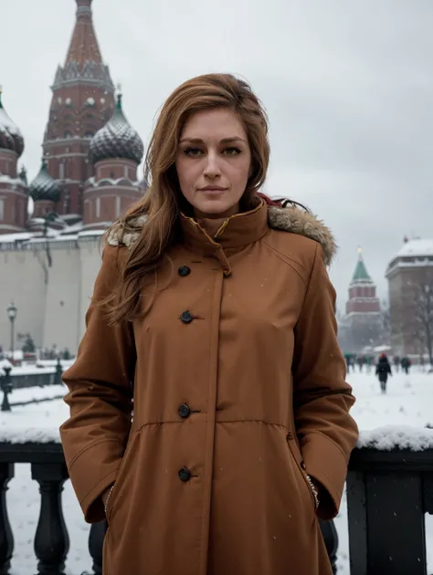 <lora:PE_Dalida_v1:1>  looking at viewer, a woman wearing full winter outfit and brown pants and a fur coat, in front of the kremlin, with a severe look, looking at viewer, snowstorm, evening, low light