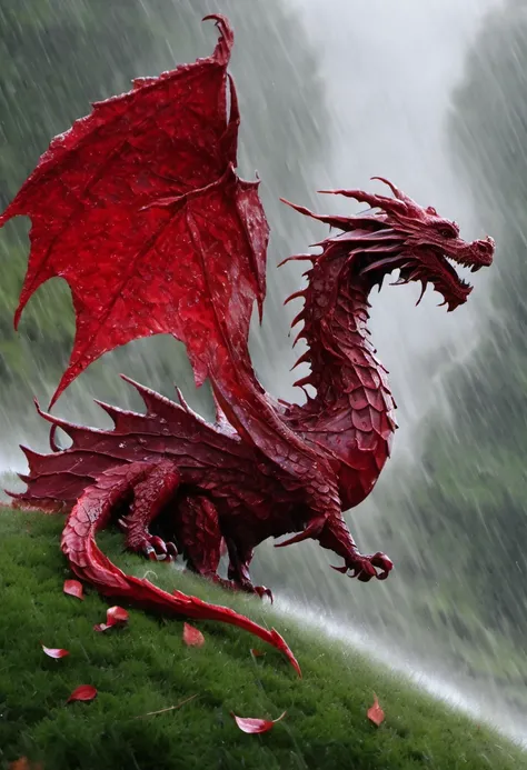 <lora:tree_leaf_V2_SDXL:1> fantasy wold, in a plain a flying Dragon covered of several red_leaf, wet effect