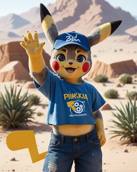 a cute pikachu with gray fur, tail, wearing a blue cap, waving at viewer, wearing a blue shirt and jean shorts
in a desert, score_9, score_8_up, score_7_up, score_6_up, score_5_up, score_4_up