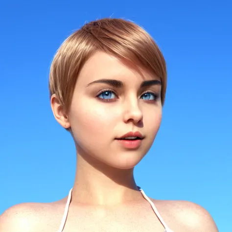 1girl, short pixie hair cut, blue eyes, face, close up, outside, photo, realistic, high definition, plain blue sky background