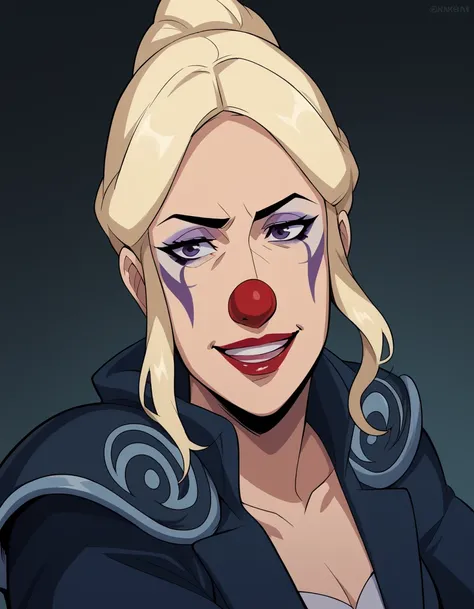 score_9, score_8_up, score_7_up, source_anime, <lora:allura-vysoren-s3-ponyxl-lora-nochekaiser:1>, allura vysoren, ponytail, blonde hair, sidelocks,purple eyes, makeup, lipstick, <lora:clown-ponyxl-lora-nochekaiser:1>, clown, makeup, clown nose, facepaint,...