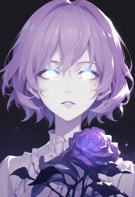 score_9, score_8_up, score_7_up, austr, anime, soft shading, clean lines, 1girl, flower, mole, solo, portrait, rose, glowing, mole under eye, parted lips, looking at viewer, simple background, black background, purple theme, glowing eyes, white eyes, short...