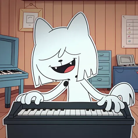 score_9, score_8_up, score_7_up BREAK QatTM, 1girl, anthro cat, white fur, white ears, black nose, hair-covered eyes, unseen eyes, white bobcut, fangs, tail, smiling, garage indoors, garage background, piano,