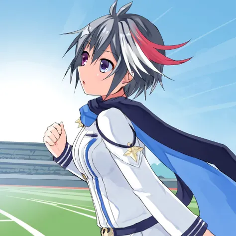 0tsuu_MS, white uniform, white pants, blue scarf, hererochromia, blue eyes, purple eyes
 Running, side view, track field