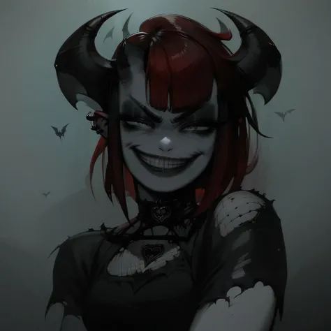 score_9, score_8_up, score_7_up,  NeonhadesmixV2, <lora::NeonHadesMix21> 1 girl, female focus, demon girl, succubus, grey skin, red hair, goth girl, goth, smug, happy, closed mouth, grin,