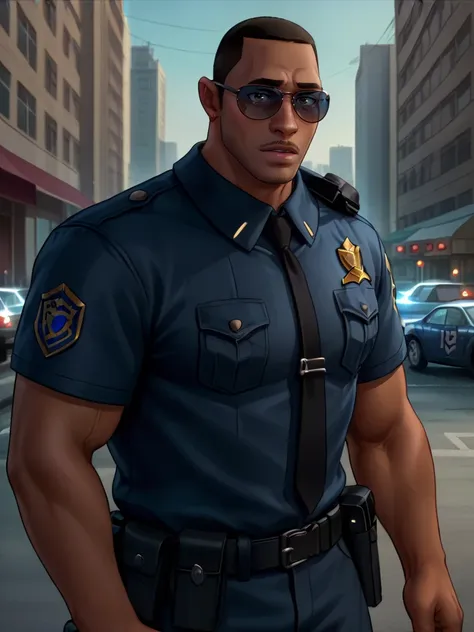 portrait of Jefferson_m man, dark skinned male, bara, muscular, police officer, sunglasses, facial hair, bara, black skin,  <lora:Jefferson_Morales_Spiderverse:.7> dark skin, city background,