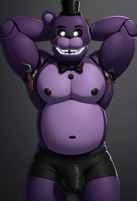 Shadow Freddy, Purple fur, Black bowtie, Black top hat, one ear, furry, animatronic, wires out of eye, wires out of head, withered body, buttons, glowing teeth, white pupil,  black sclera, Male. solo, chubby, pecs, black nipples, hands behind head, black b...