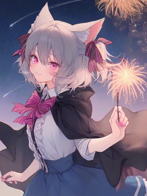 1girl,solo,cat ears,animal ear fluff,hair ribbon,pink eyes,grey hair,short hair,two side up,bangs,hair between eyes,eyebrows visible through hair,blush,closed mouth,pink nail polish,white shirt,collared shirt,center frills,bowtie,striped bow,black cape,blu...