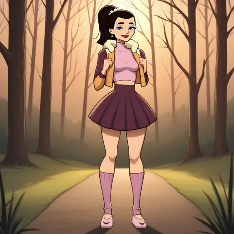 score_9, score_8, BREAK, solo, crop top, long sleeves undershirt, sleeveless mini jacket, 1girl, skirt, slippers, toeless legwear, dark brown hair, ponytail, blue eyeshadow, lipstick, makeup, earrings, black eyes, breasts, total drama, Josee_(Total_Drama),...