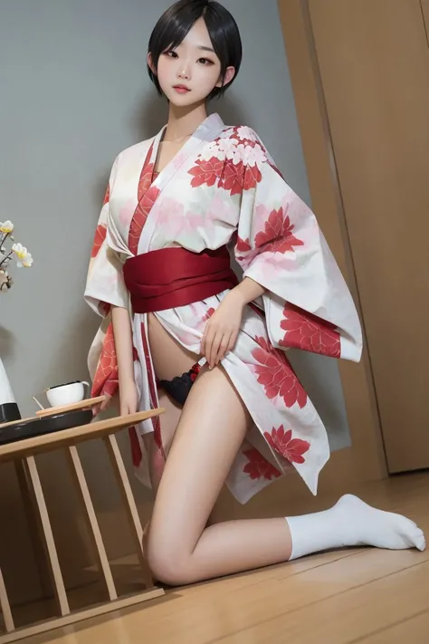 safe_pos, 
1girl,solo,perfect face,look at viewer,
1girl, japanese clothes, solo, kimono, floral print, vase, socks, underwear, red panties, panties, indoors, black hair, white socks, flower, kimono lift, head out of frame, obi, tabi, sash, kneeling, thong...