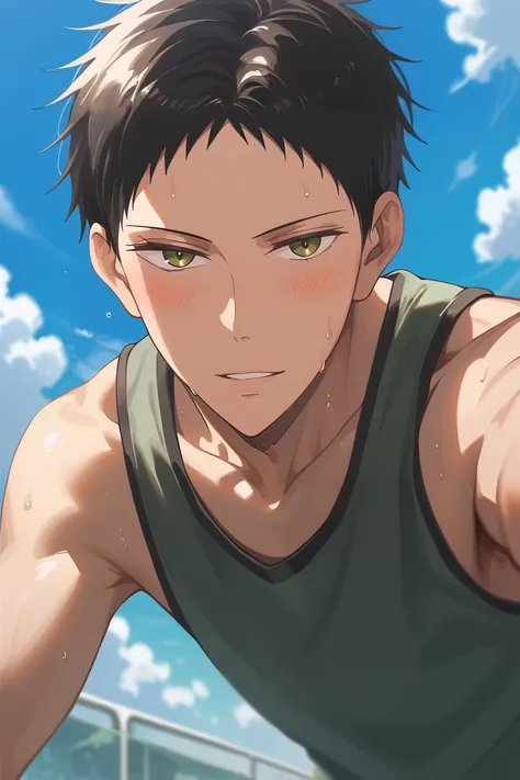 score_9, score_8_up, score_7_up, source_anime, rating_questionable day, natural lighting, 2ndmale focus, selfie, sweating, sighing, outstretched arms, on all fours, looking at viewer, blushing, HayatoGBS, black_Hayato_short hair, yellowish green_Hayato_eye...