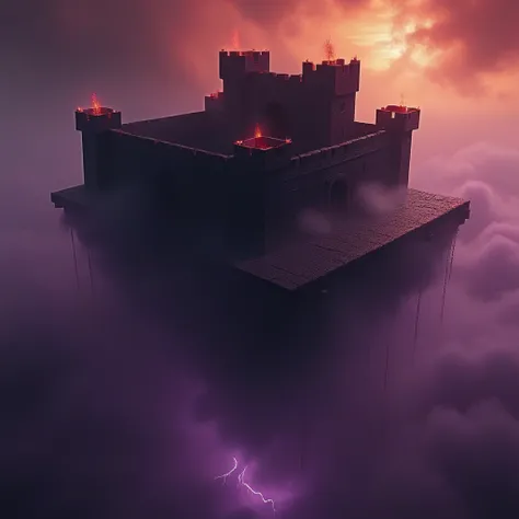 cpolldreamyfortress, cpolldfffitowd, floating fortress in the otherworld, otherworld, floating fortress, outdoor, orange sky, orange lightnings in sky, vivid purple mist, purple lightnings in vivid purple mist