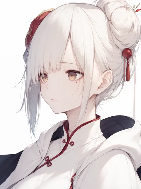 score_9,score_8_up,score_7_up,face focus,
1girl,white hair,bright amber eyes,slim,white china dress,white long cape,fur-trimmed hood,large breasts,mole under eye,
half-closed eyes,expressionless,parted lips,hair up,looking down,
pastel light,simple backgro...