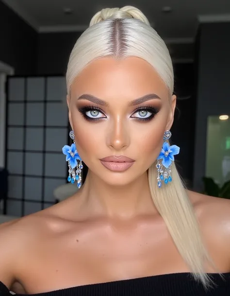 a high-definition photograph of a woman with striking features and elegant attire. She has long, platinum blonde hair styled in a sleek, low ponytail. Her skin is a radiant, sun-kissed complexion with a subtle glow. Her eyes are a striking blue, accentuate...