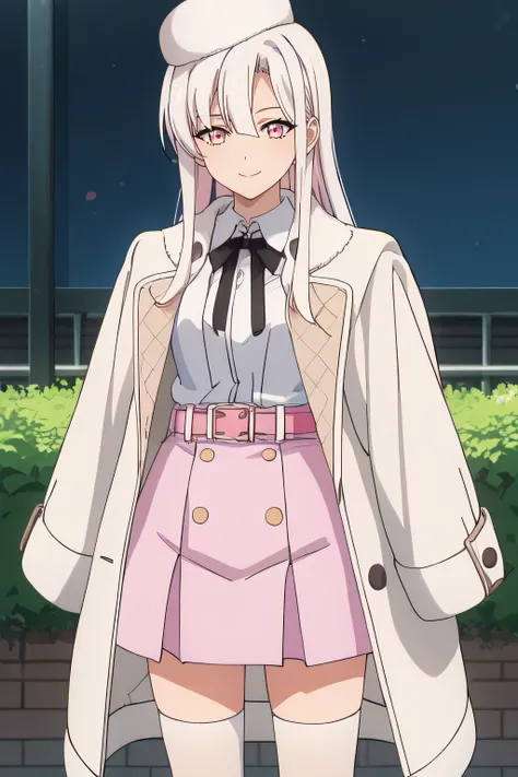 score_9, score_8_up, score_7_up, source_anime, rating_safe, intricate details, anime screencap, official style, 1girl, <lora:Machina:1>, machina, long hair, white hair, pink eyes, collared shirt, white coat, white hat, black_ribbon, pink skirt, pink belt, ...