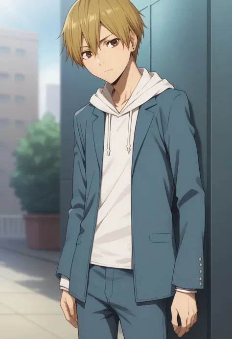 score_9, score_8_up, score_7_up, source_anime, highly detailed, 
masaomi, 1boy, male focus, solo, blonde hair, short hair, hair between eyes, brown eyes, school uniform, jacket, blue jacket, hoodie, white hoodie, hood, pants, jewelry, earrings,
outdoor,