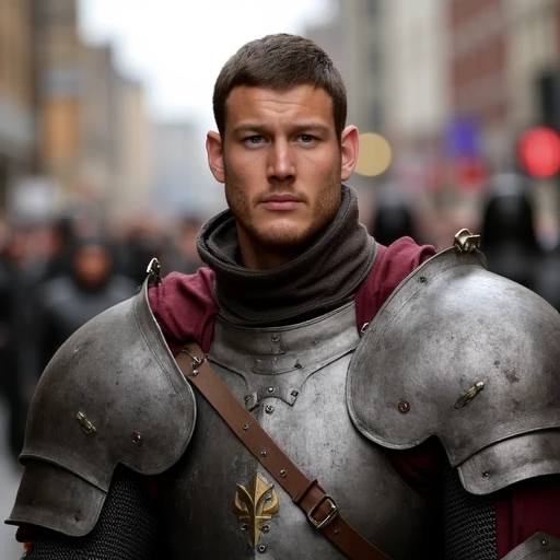 an image of tom hopper wearing medieval armor in a city street