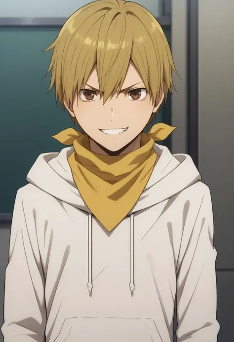 score_9, score_8_up, score_7_up, source_anime, highly detailed, 
masaomi, 1boy, male focus, solo, blonde hair, short hair, hair between eyes, brown eyes,  neckerchief, yellow neckerchief, hoodie, white hoodie, hood, smile, determined
outdoor,