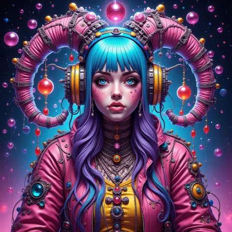 Surrealist illustration depicting a cyberpunk girl embodying vibrant colors and intricate details. The atmosphere is captivating and dreamlike, infused with an otherworldly essence. The background is elaborate and mysterious, transporting viewers into a ma...