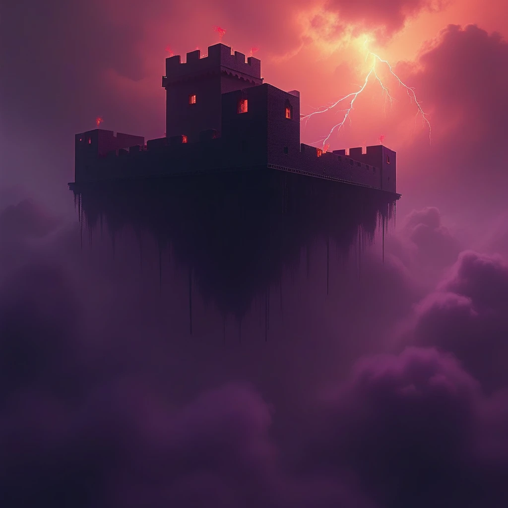 cpolldreamyfortress, cpolldfffitowd, floating fortress in the otherworld, otherworld, floating fortress, outdoor, orange sky, orange lightnings in sky, vivid purple mist, purple lightnings in vivid purple mist