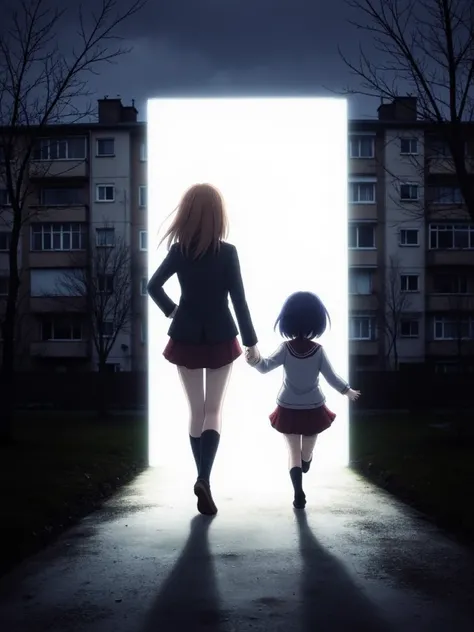 An anime-style girl in a school uniform is running through a glowing portal. The background shows a gloomy urban area with apartments and bare trees. The portal separates the dark real world from a bright and colorful world. The girl looks back while holdi...