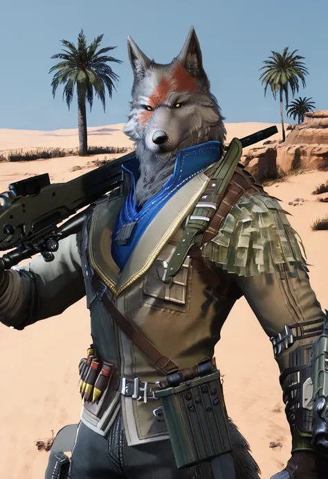 <lora:Jack_-_Wild_Assault:1>, jackwildassault, scar on face, wolf,  yellow eyes, anthro, solo, furry, wolf tail, holding weapon, assault rifle, desert background, palm trees