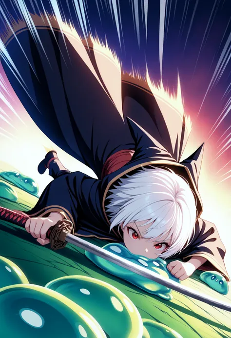 beast_quality,masterpiece,8k,
cute, 1girl, solo, wizard, wizard hat, robe, dynamic angle, close-up, dynamic pose, white hair, short hair, red eyes, speed lines, holding hilt, katana, fighting stance, stepped on lying slime,