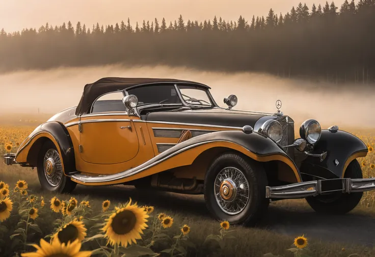 a photograph of a Sunset Orange mercedes500k sports car, top up, side windows up, rumble seat, side view, Fog/Mist: A misty or foggy setting that creates an ethereal and mysterious ambiance., A sunflower field in full bloom., dark moody low-key, 