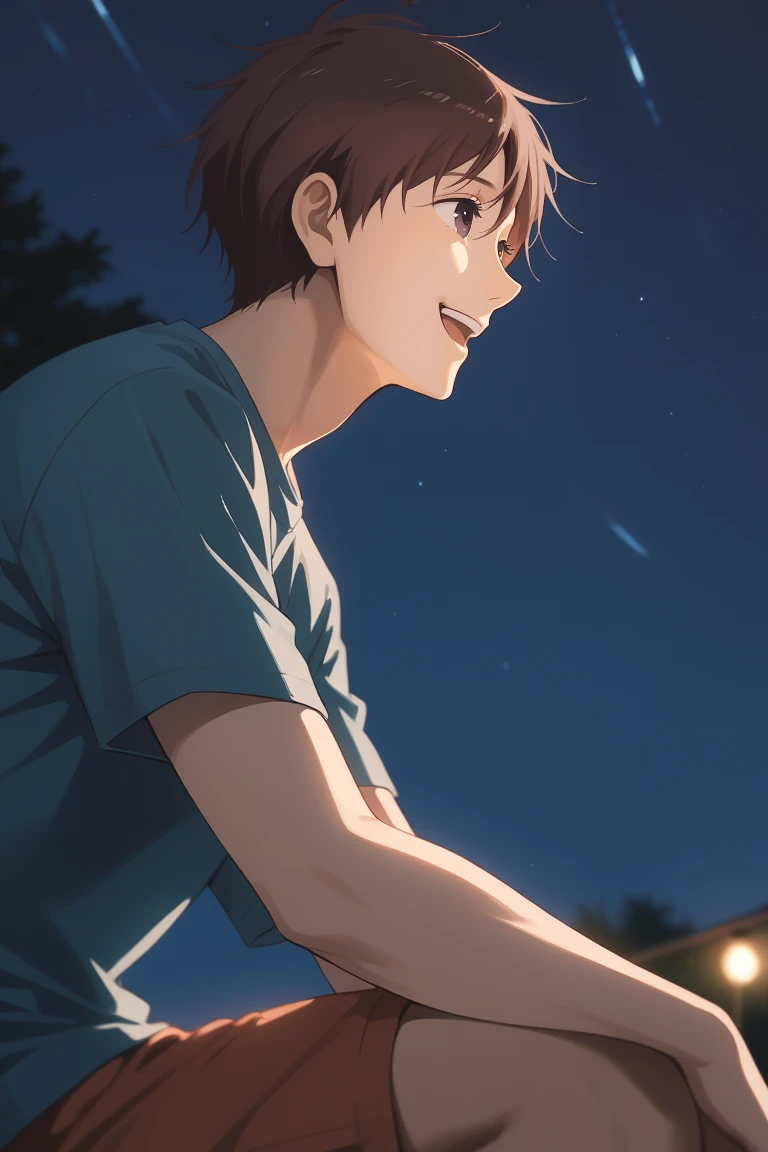 score_9, score_8_up, score_7_up, source_anime, rating_questionable, night, dark, natural lighting, 1stmale focus, looking away, looking up, sitting, RyuuichiGBS, reddish brown_Ryuuichi_male hair, greyish brown_Ryuuichi_eyes, shirt, shorts, open mouth, wide...