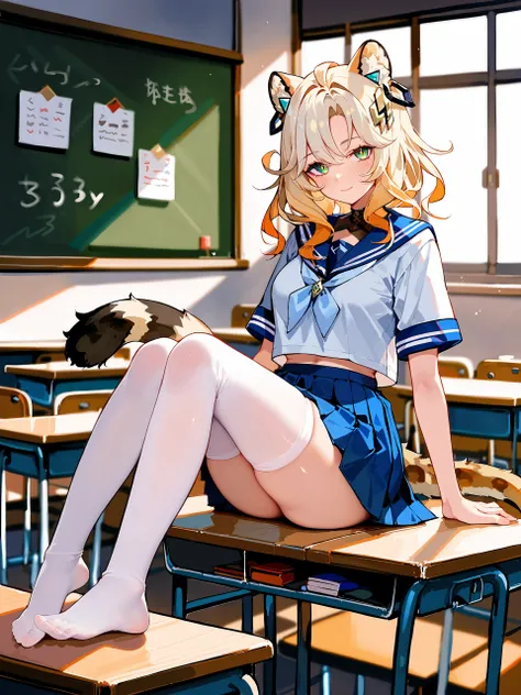 1girl, xilonen (genshin impact), solo, serafuku, sailor collar, pleated skirt, white thighhighs, no shoes, looking at viewer, light smile, full body, sitting, wariza, classroom, indoors, depth of field, tail <lora:Char-Genshin-Xilonen-V1-Pony:0.9>, score_9...