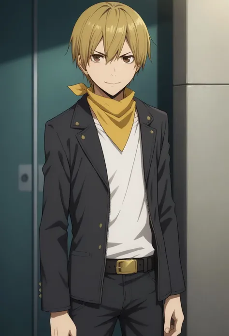 score_9, score_8_up, score_7_up, source_anime, highly detailed, 
masaomi, 1boy, male focus, solo, blonde hair, short hair, hair between eyes, brown eyes,  neckerchief, yellow neckerchief, jacket, black jacket, open jacket, open clothes, shirt, white shirt,...