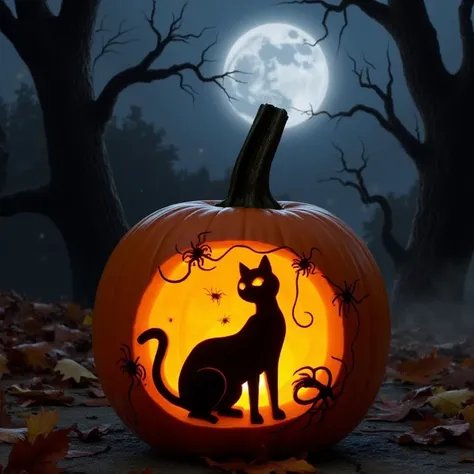 pumpkingCrawing,
an image of a Jack-o-Lantern pumpkin in a dark, eerie forest setting under a full moon. The pumpkin has a large, carved silhouette of a sleek, black cat arching its back, with its tail curled upward and glowing eyes peering out. The cat ca...