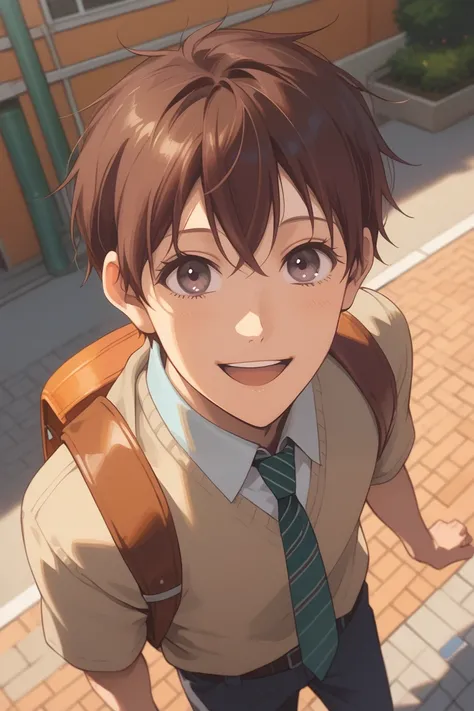 score_9, score_8_up, score_7_up, source_anime, rating_questionable, afternoon, natural lighting, 1stmale focus, looking up at viewer, RyuuichiGBS, reddish brown_Ryuuichi_male hair, greyish brown_Ryuuichi_eyes, bag, backpack gakuran, necktie, belt, pants, s...