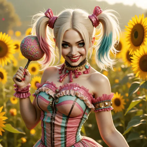 In a sunflower-speckled meadow just outside Gothams shadows, Harley Quinn, with her oversized mallet adorned with pink bows and her pigtails tied up with shimmering ribbons, giggled and pirouetted like a mischievous pixie, her wide, doe-like eyes sparkling...