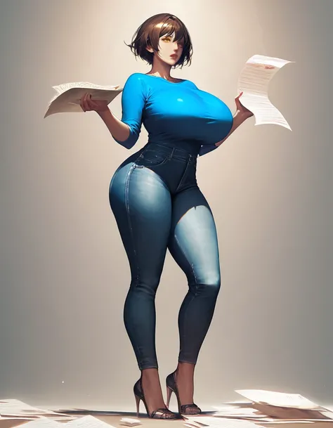 score_9, score_8_up, score_7_up, nixeu, 1girl, brown hair, short hair, yellow eyes, huge breasts, blue shirt, jeans, high heels, paper, solo