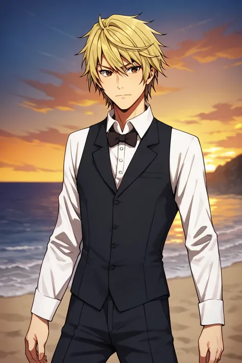 score_9, score_8_up, score_7_up, score_6_up, score_5_up, score_4_up,<lora:Heiwajima_shizuo-000015:0.7>, heiwajima shizuo, 1boy, blond hair, brown eyes, white shirt, sleeveless vest, collared shirt,  black vest, closed vest, black bowtie, black pants, stand...