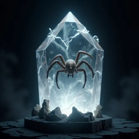 professional 3d model <lora:lora.TA_trained:1>"A large, glowing crystal standing upright with a spider fully encased inside it, frozen in mid-motion. The crystal radiates a soft, eerie light, its sharp, angular edges glowing with a faint blue hue. Inside, ...