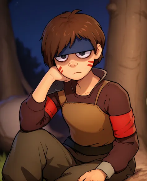 score_9,score_8_up,
smllbxl,brown hair,facial mark,black eyes,eyeliner,shaded face, bored, 
headband,brown leather top,single shoulder pad,red armband,long sleeves,
sitting,
camp,night,<lora:SmellerbeeXL:0.9>,