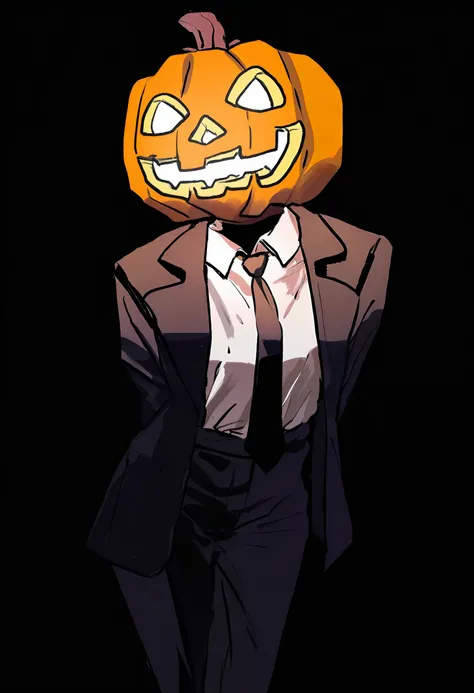 (by shiren (ourboy83), :1.25), 
(by tsuruse:1.1), 
masterpiece, absurdres, very aesthetic, 
beautiful, light glowing, 
halloween, pumpkin on head,  makima (chainsaw man), headless, leaning_forward, arms behind back, formal, 
(depth of field:1.15),
black ba...