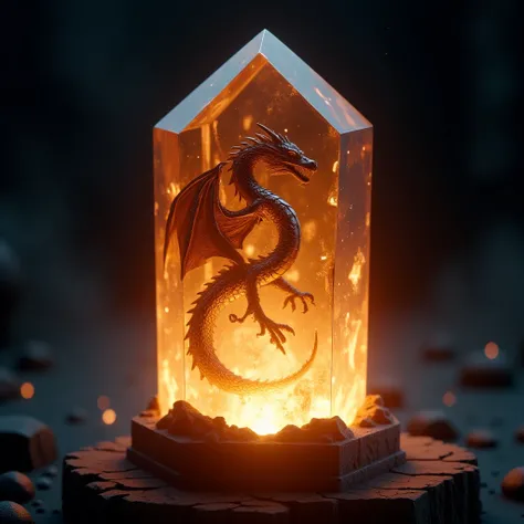 professional 3d model <lora:lora.TA_trained:1>A large, glowing crystal stands upright, its sharp and angular surface glowing with a fiery amber light. Inside the crystal, a highly detailed dragon is fully encased, as though trapped and frozen in time. The ...