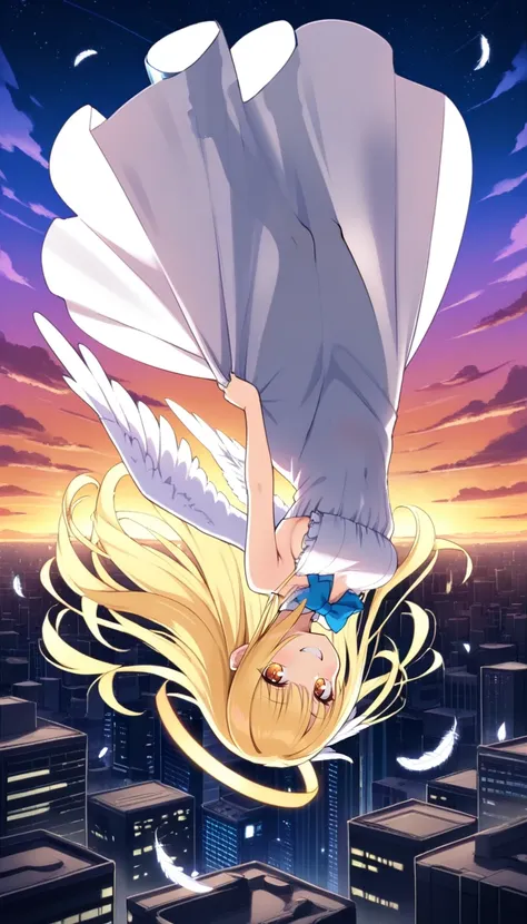 masterpiece, best quality,
1girl, upside-down, flying, white clothes, see-through, see-through silhouette, frilled dress, blue b...