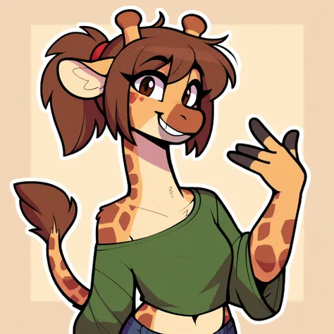 score_9_up, score_8_up, score_7_up, score_6_up, by remanedur, half-length portrait, brown hair, ponytail, furry female, giraffe, female, long neck, furry, brown eyes, looking at viewer, solo, smile, grin, happy, gesture, three-quarter view, head tilt, shor...