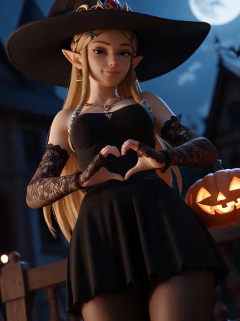 blender 3D, princess zelda, long hair, witch hat, black dress, pantyhose, ruffled mini skirt, lace gloves, lace-trim, posing, heart hands, smug, night, halloween, dutch angle, score_8_up, score_7_up, score_6_up, score_5_up