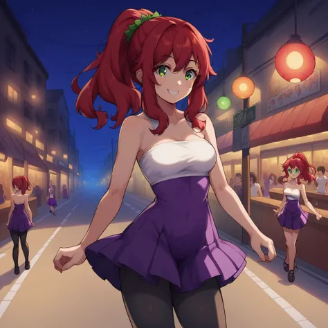 red hair, dress, ponytail, 1girl, on street, tube top, at night, black tights, sleeveless dress, smile, short dress, medium breasts, green eyes, Indoors, focus, in a pub, purple dress, On street, bare shoulders, white tank top, pleated skirt