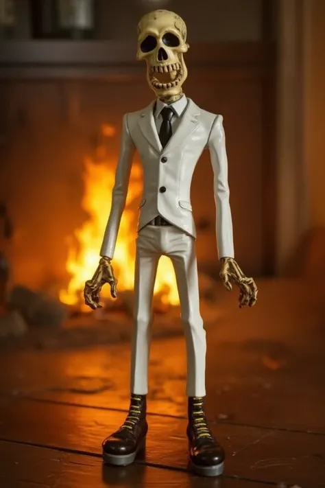 TMGE skeleton FIGURE, standing in white suit, in a burning room