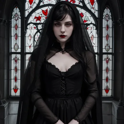 photo realistic, young vampyr, gothic castle, vampyr girl, pale skin, black hair, , bangs, , giant epic castle, stained glass background, transparent black veil, dark red lipstick, slim body
<lora:tendril_bangs_v1.9:1.5>