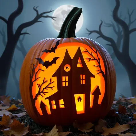 pumpkingCrawing,
an image of a Jack-o-Lantern pumpkin in a spooky, fog-filled nighttime scene under the eerie glow of a full moon. The pumpkin features an intricate Halloween-themed carving that depicts a haunted house with crooked windows and a bat flying...