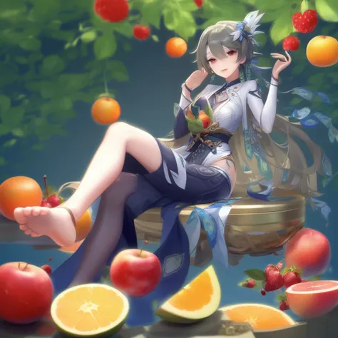 feet, toes, crossed legs, 1boy, high heels, fruit, floating object, chinese clothes, barefoot, 1girl