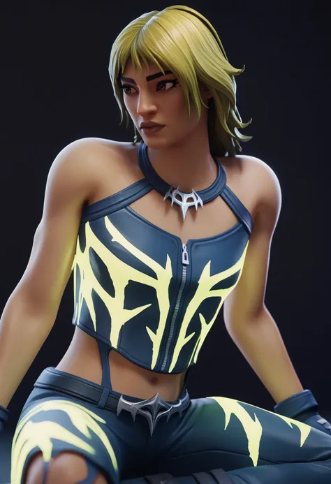 <lora:hanafn-guy-PONY-LyCorisV1:1>, hanafn, score_9, score_7_up, 1girl, solo, green hair, lips, nose, collarbone, tank top, halterneck, bare shoulders, crop top, glowing clothes, blue gloves, midriff, blue pants, belt, torn clothes, simple background, blac...