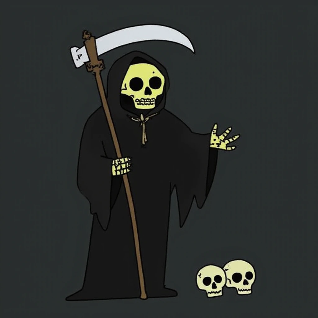 cutehalloween,  cartoon drawing of the Grim Reaper,. The Grim Reaper is depicted as a tall, gaunt figure with a neon green skeletal face, dressed in a black hooded cloak with long, flowing sleeves. He holds a large, curved scythe in his right hand. His ski...